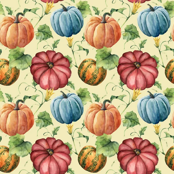Suluboya kabak seamless modeli. Çiçek, yaprak ve dal üzerinde pastel arka plan izole kabak süsleme el boyalı. Botanik illüstrasyon tasarımı ve kumaş için. Cadılar Bayramı Yazdır.