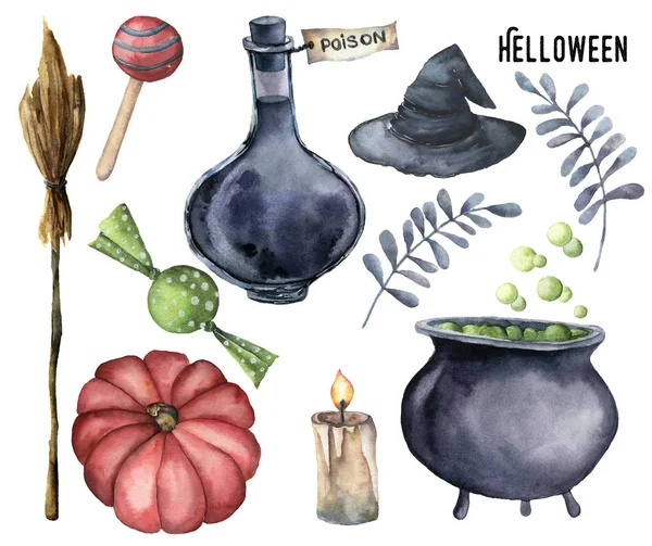 Akvarell helloween set. Hand målade flaska poison, grytan med trolldryck, kvast, ljus, godis, pumpa, häxa hatt och blommig gren isolerad på vit bakgrund. Holiday illustration. — Stockfoto