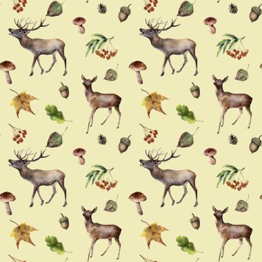 Suluboya sonbahar orman desen. Geyikler, rowan, mantar, meşe palamudu ile sorunsuz süsleme el boyalı, yaprakları üzerinde pastel arka plan izole düşmek. Vahşi doğa illüstrasyon için kumaş, tasarım.