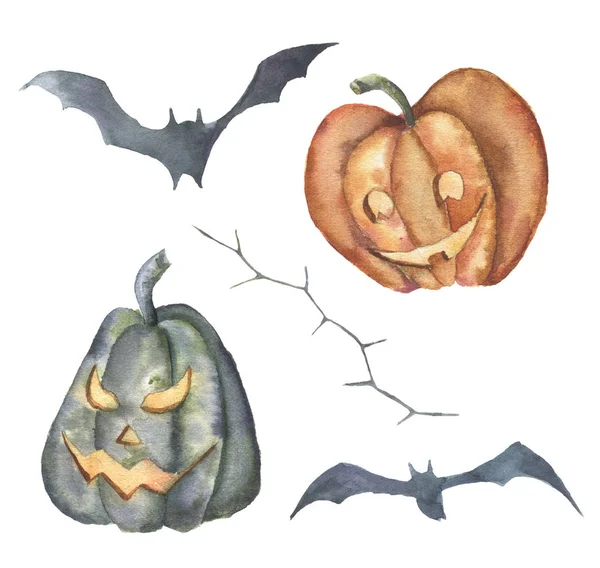 Akwarela symbol Halloween Ustaw. Ręcznie malowane powierzchnie rzeźbione dynie, nietoperze i rośliny z cierni na białym tle. Ilustracja do projektowania, drukowania lub tła. — Zdjęcie stockowe