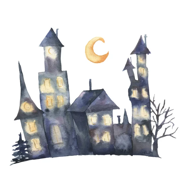 Castello ad acquerello con finestre luminose e luna. Illustrazione Helloween dipinta a mano isolata su sfondo bianco. Per design, stampa o sfondo. Casa di notte . — Foto Stock