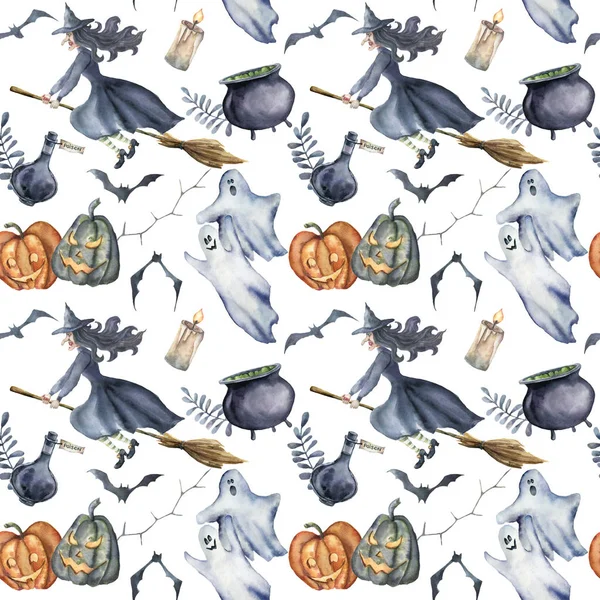 Aquarel magische Halloween patroon. Handgeschilderde Halloween symbolen op witte achtergrond. Pompoenen, heks hoed, snoep, spin, potion, ketel, kaars, spoken, vleermuizen en florale tak. Vakantie ontwerp. — Stockfoto