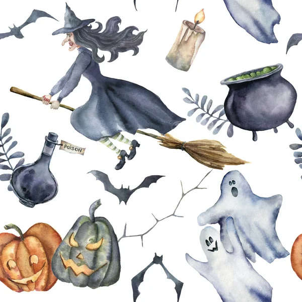 Aquarell halloween nahtlose Muster. handbemalte Halloween-Symbole auf weißem Hintergrund. Kürbisse, Hexenhut, Süßigkeiten, Spinne, Zaubertrank, Hexenkessel, Kerze, Geister, Fledermäuse und Blumenzweig. Urlaubsgestaltung. — Stockfoto