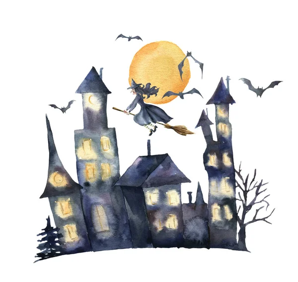 Carte Halloween aquarelle. Château peint à la main avec fenêtres rougeoyantes, chauves-souris et sorcières isolées sur fond blanc. Impression de vacances pour le design ou le fond . — Photo