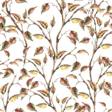 Ağaç dalı ile sonbahar ile sulu boya Dikişsiz desen bırakır. El sonbahar süsleme tasarım, kumaş veya baskı için beyaz arka plan üzerinde izole boyalı.