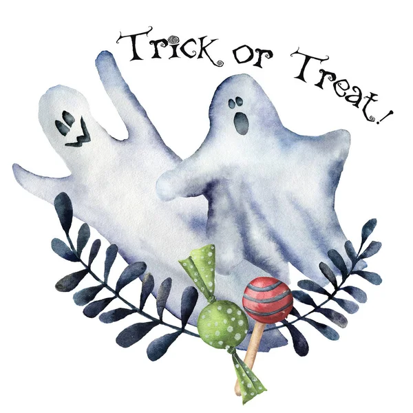 Watercolor Trick or treat card. Hand painted carved faces pumpkins with ghosts, candies and floral branch. Halloween illustration isolated on white background. For design, print or background. — Stock Photo, Image