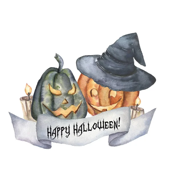 Akwarela Happy Halloween karty z dyni. Ręcznie malowane powierzchnie rzeźbione dynie z kapelusz świeca i czarownica. Ilustracja na białym tle. Dla projektowania, Drukuj lub tła. — Zdjęcie stockowe