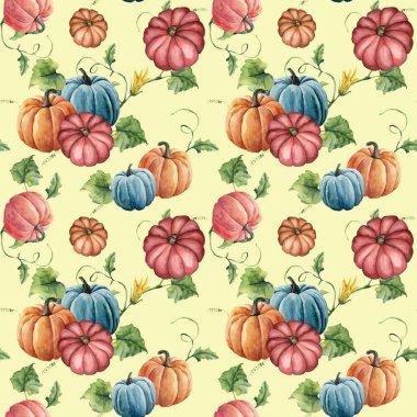 Suluboya kabak seamless modeli. Çiçek, yaprak ve dal üzerinde sarı arka plan izole parlak kabak süsleme el boyalı. Botanik illüstrasyon tasarımı ve kumaş için. Cadılar Bayramı Yazdır.
