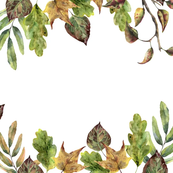 Watercolor autumn frame with fall leaves. Hand painted leaves and tree branch isolated on white background. Seasonal border for design. — Stock Photo, Image