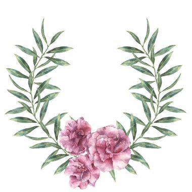 Suluboya çiçek sınır. El çelenk ile zakkum çiçekleri yaprakları ve beyaz arka plan üzerinde izole şube ile boyalı. Botanik gösterim amacıyla tasarım, baskı, kumaş.