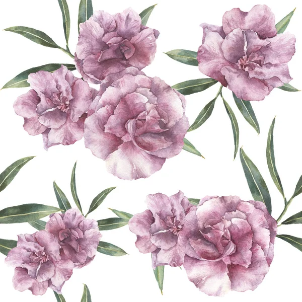 Aquarell nahtloses Muster mit Oleander. Handbemalte Oleanderblüten mit Blättern und Zweigen isoliert auf weißem Hintergrund. botanisches Ornament für Design, Druck, Stoff. — Stockfoto