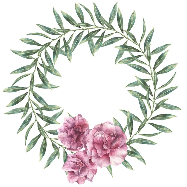 Watercolor floral wreath. Hand painted border with oleander flowers with leaves and branch isolated on white background. Botanical illustration for design, print, fabric. — Stock Photo, Image