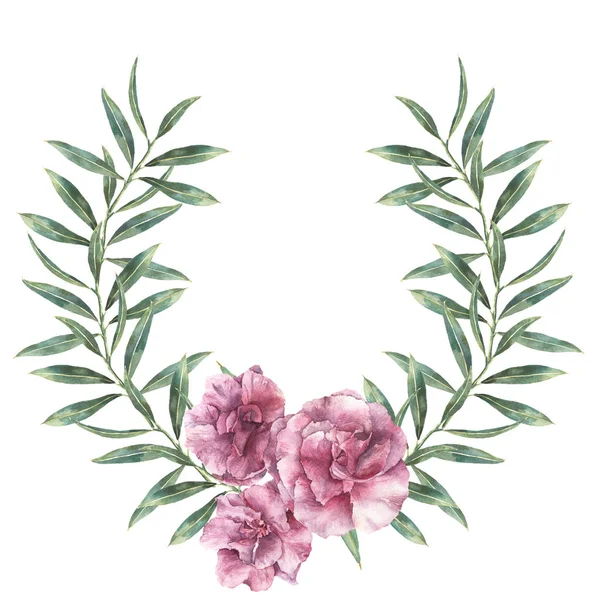 Suluboya çiçek sınır. El çelenk ile zakkum çiçekleri yaprakları ve beyaz arka plan üzerinde izole şube ile boyalı. Botanik gösterim amacıyla tasarım, baskı, kumaş.