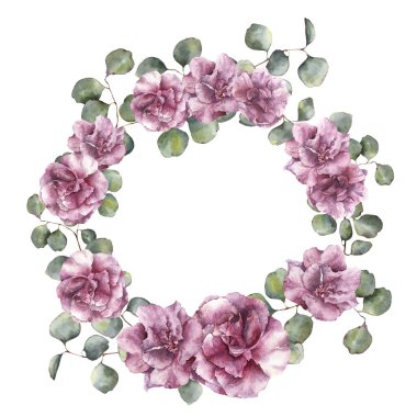 Suluboya çiçek egzotik çelenk ile okaliptüs. El ile zakkum çiçekleri yaprakları ve beyaz arka plan üzerinde izole şube ile sınır boyalı. Botanik gösterim amacıyla tasarım, baskı, kumaş.