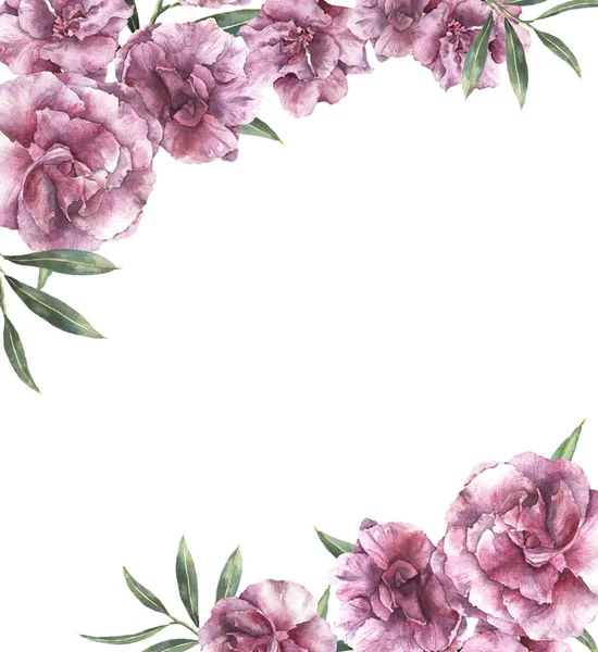 Aquarelle invitation florale. Bordure peinte à la main avec des fleurs d'laurier rose avec des feuilles et des branches isolées sur fond blanc. Illustration botanique pour design, impression, tissu . — Photo