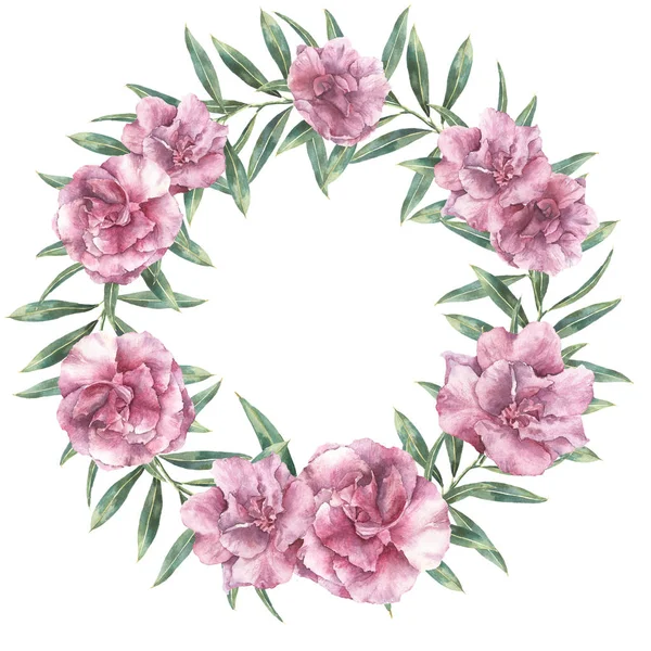 Watercolor floral exotic wreath. Hand painted border with oleander flowers with leaves and branch isolated on white background. Botanical illustration for design, print, fabric. — Stock Photo, Image