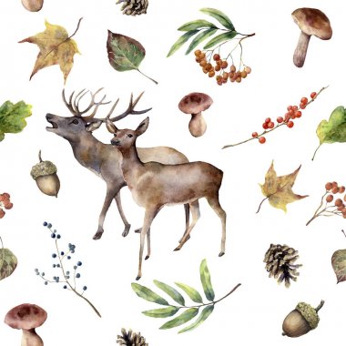 Suluboya sonbahar orman desen. Geyikler, rowan, mantar, çilek, meşe palamudu, çam kozalağı ile çerçeve çiçek el boyalı, beyaz arka plan üzerinde izole yaprakları sonbaharda. Orman süsleme tasarımı için. Botanik Yazdır.