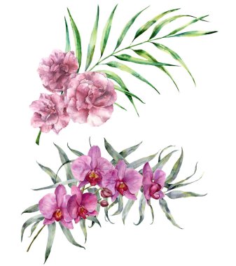 Suluboya tropikal buket. Okaliptüs ile çiçek şube el boyalı ve palmiye yaprakları, orkide ve beyaz arka plan üzerinde izole zakkum çiçekleri. Botanik egzotik gösterim amacıyla tasarım, yazdırma.