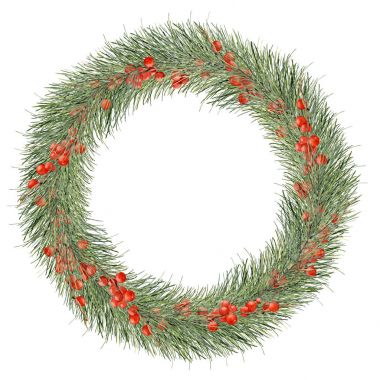 Sulu Boya Noel çelenk kırmızı meyveler ile. El çam dalları ve beyaz arka plan üzerinde izole kırmızı holly berry sınırına boyalı. Dekor ile yeni yıl ağacı. Tatil baskı tasarım için