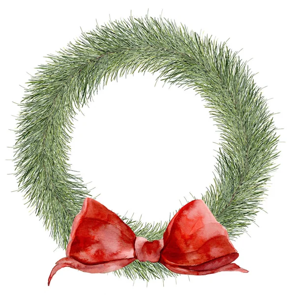Watercolor traditional Christmas wreath. Hand painted border with fir branches and red bow isolated on white background. New year tree with decor. Holiday print for design — Stock Photo, Image