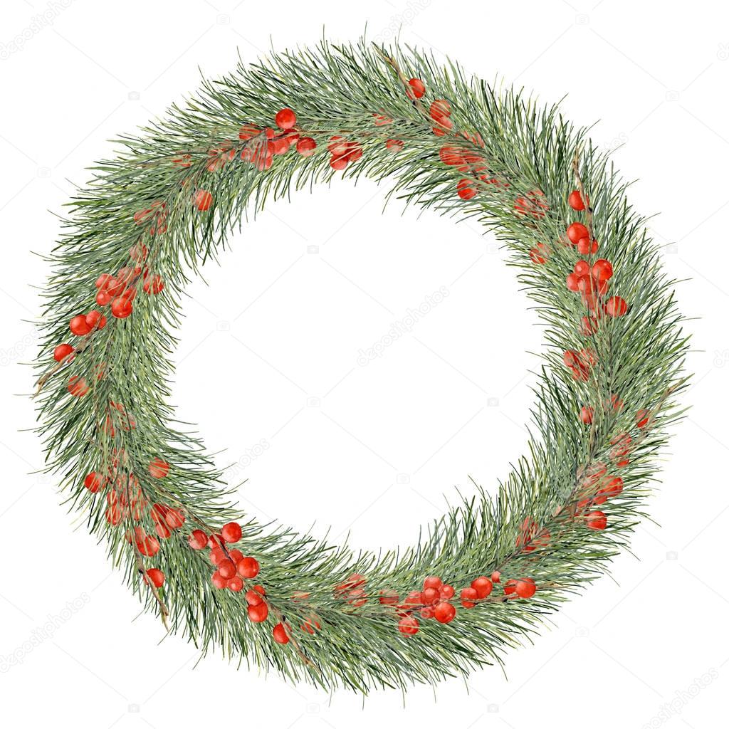 Watercolor Christmas wreath with red berries. Hand painted border with fir branches and red holly berry isolated on white background. New year tree with decor. Holiday print for design