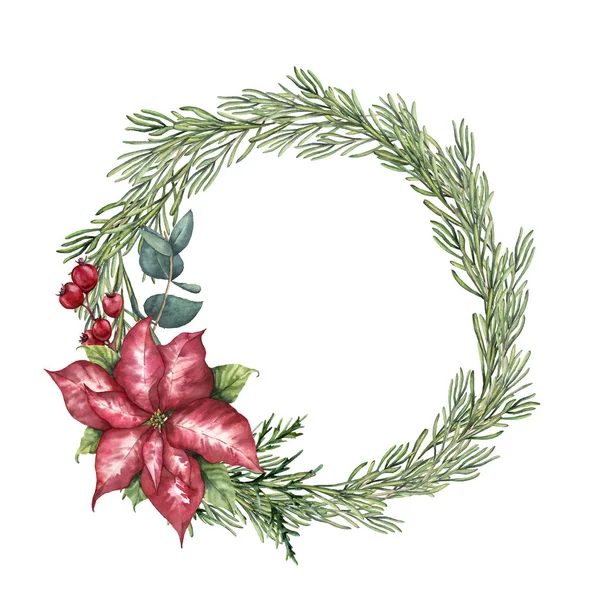 Watercolor Christmas floral wreath with rosemary. Hand painted rosemary branch, poinsettia, eucalyptus and crabapple isolated on white background. Floral botanical border for design or print. — Stock Photo, Image