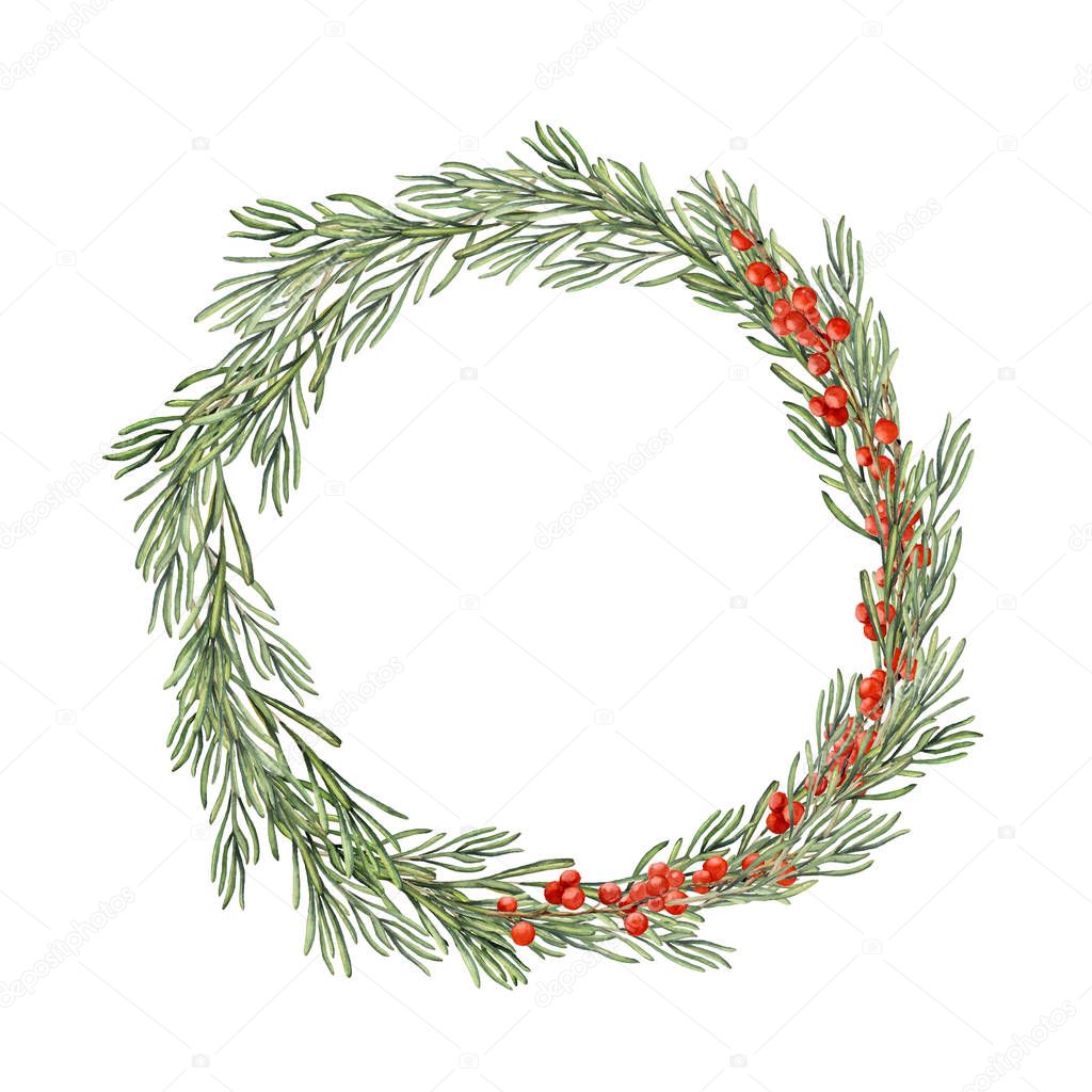 Watercolor Christmas wreath with rosemary and berry. Hand painted rosemary branch, and red berry isolated on white background. Floral botanical border for design or print.