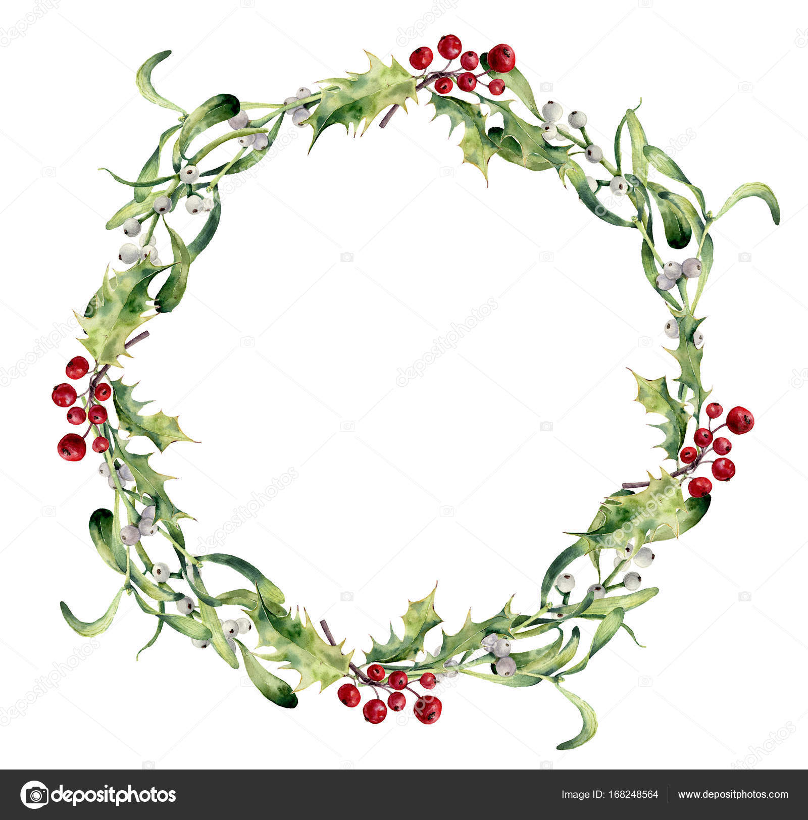 Watercolor Holly And Mistletoe Wreath. Hand Painted Border Floral Branch And White Berry Isolated On White Background. Christmas Clip Art For Design Or Print. Holiday Plant. Stock Photo By ©Derbisheva 168248564