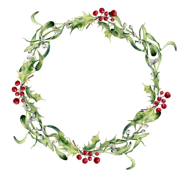 Aquarel holly en Maretak krans. Handgeschilderde bloemen tak van de grens en witte bessen geïsoleerd op een witte achtergrond. Christmas clip art voor ontwerp of print. Vakantie plant. — Stockfoto