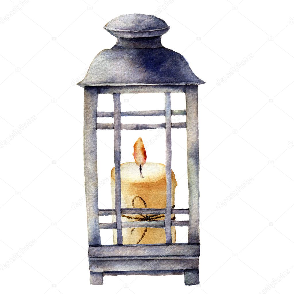 Watercolor Christmas lantern with candle. Hand painted holiday decor with bow isolated on white background. Christmas clip art for design or print.