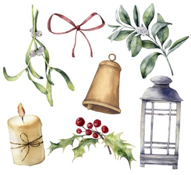 Sulu Boya Noel dekor ile bitki ve meyveler. El boyalı okaliptüs, snowberry, çan, kırmızı yay, mum, ökse otu, fener ve beyaz arka plan üzerinde izole holly. Tatil küçük resim tasarım.