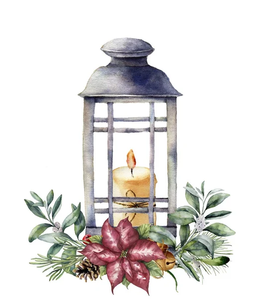 Watercolor Christmas lantern with candle and holiday decor. Hand painted traditional lantern with christmas plant isolated on white background. For design or print — Stock Photo, Image