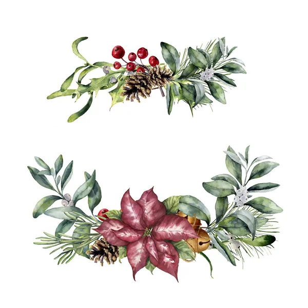 水彩圣诞花卉装饰。手绘圣诞植物隔离在白色背景上。植物插图设计或打印. — 图库照片