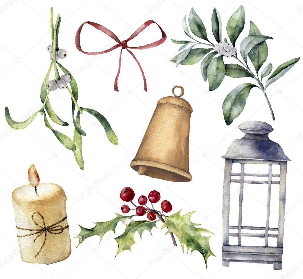 Watercolor Christmas decor with plant and berries. Hand painted eucalyptus, snowberry, bell, red bow, candle, mistletoe, lantern and holly isolated on white background. Holiday clip art for design.
