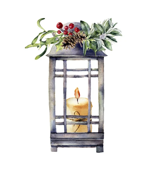 Watercolor tradition Christmas lantern with candle and holiday decor. Hand painted lantern with christmas plant isolated on white background. For design or print — Stock Photo, Image