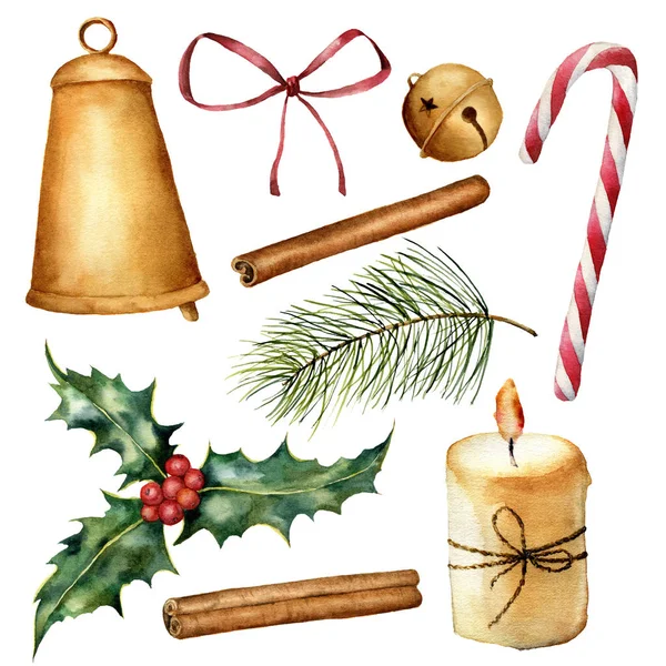 Nastavit akvarel vánoční rostlina a výzdobu. Ručně malované svíčky, holly, zvony, luk, skořice, cukrové třtiny, vánoční stromek větve izolovaných na bílém pozadí. Vánoční botanické Klipart pro design — Stock fotografie