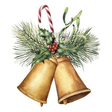 Sulu Boya Noel çanları tatil dekorasyonu ile. Holly ile boyalı Noel kartı yandan, izole üzerinde beyaz arka plan ökse otu, köknar dalı ve şeker kamışı. Noel küçük resim tasarım veya baskı için.