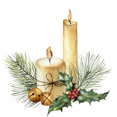 Sulu Boya Noel mum tatil dekorasyonu ile. El boyalı mum, holly, Noel ağacı dalı ve beyaz arka plan üzerinde izole bell. Noel botanik küçük resim tasarım veya yazdırın. Tatil kartı.