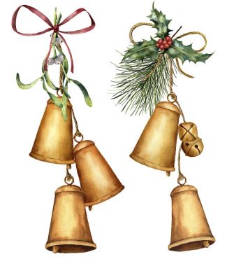Sulu Boya Noel çelenk tatil dekorasyonu ile çan. Beyaz arka plan üzerinde izole holly, ökse otu ve Noel ağacı dalı ile geleneksel çan el boyalı. Tasarım veya baskı için.