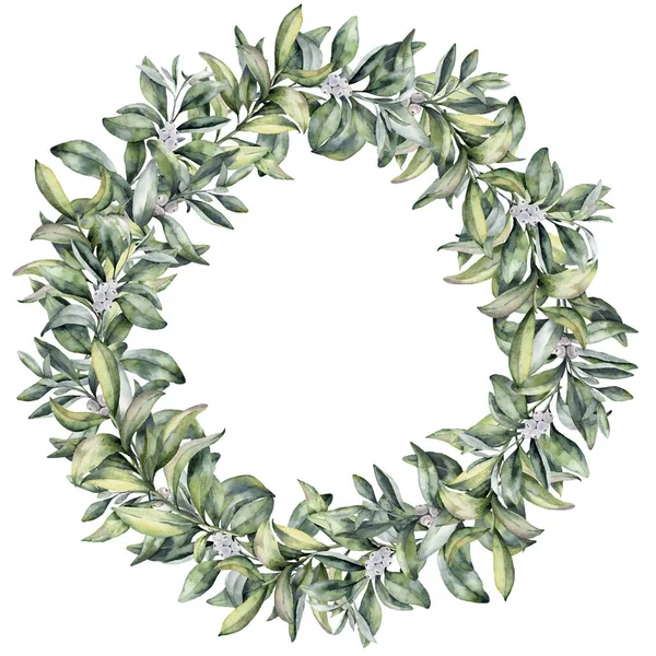 Watercolor winter floral wreath. Hand painted snowberry branch with white berry isolated on white background. Christmas botanical frame for design or print. Holiday plant. — Stock Photo, Image