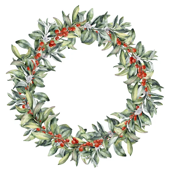 Watercolor winter floral wreath with berries. Hand painted snowberry branch with white and red berry isolated on white background. Christmas botanical frame for design or print. Holiday plant. — Stock Photo, Image