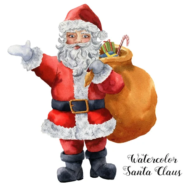 Aquarell Weihnachtsmann. handgemalte Weihnachtsfigur mit Geschenktüte isoliert auf weißem Hintergrund. Urlaubsdruck für Design, Stoff oder Hintergrund — Stockfoto