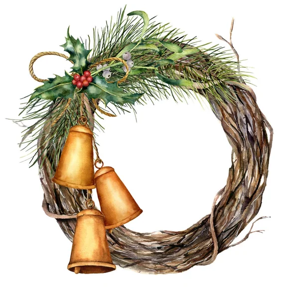 Akvarell fa koszorú karácsonyi harangok. Kézzel festett fa ága, holly, a fagyöngy és a karácsony fa ág és a harang girland elszigetelt fehér background. Holiday ClipArt design. — Stock Fotó