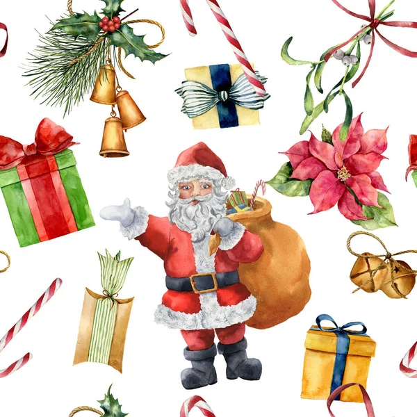 Aquarell-Weihnachtsmuster mit Weihnachtsmann und traditionellem Dekor. handbemalte Geschenkbox mit Schleife, Süßigkeiten, Glöckchen, Misteln, Weihnachtsstern und Stechpalme auf weißem Hintergrund. Hintergrund der Feiertage. — Stockfoto
