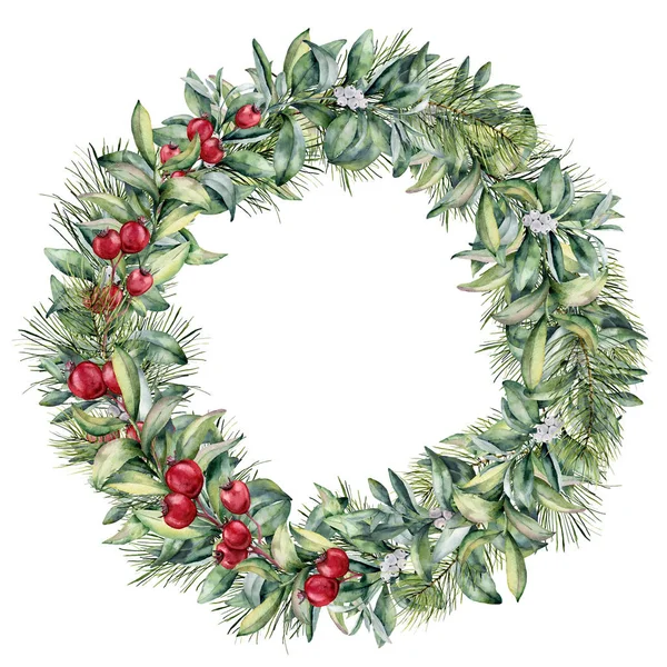 Akvarell téli Virág Koszorú fehér és piros bogyókkal. Kézzel festett karácsonyfa és elszigetelt fehér background snowberry ág. Karácsonyi botanikai keret kialakítása, illetve a nyomtatás. Nyaralás növény. — Stock Fotó