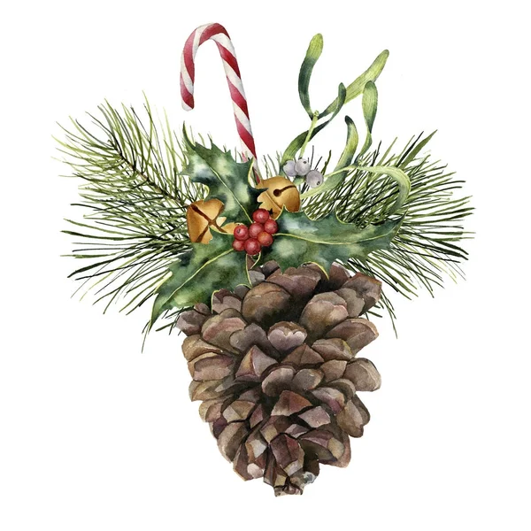 Cone de pinho aquarela com decoração de férias. Cone de pinheiro pintado à mão com galho de árvore de natal, sinos, doces, azevinho e visco isolado no fundo branco para design ou impressão. Planta de Natal . — Fotografia de Stock