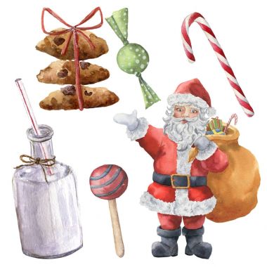 Sulu Boya Noel Baba ve Noel tatlılar. El şişe süt, şeker, çerezleri Noel karakteriyle beyaz arka plan üzerinde izole kurdele ile boyalı. Tatil baskı tasarım, kumaş için