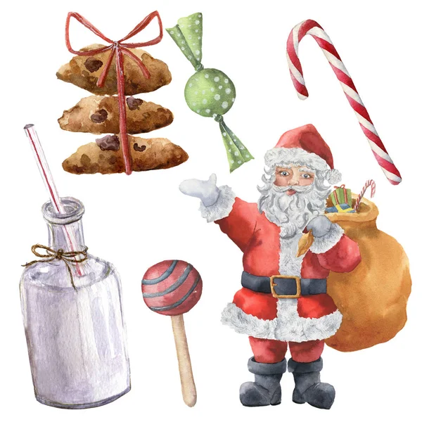 Aguarela Papai Noel e doces de Natal. Personagem de Natal pintado à mão com garrafa de leite, doces, biscoitos com fita isolada no fundo branco. Impressão de férias para design, tecido — Fotografia de Stock