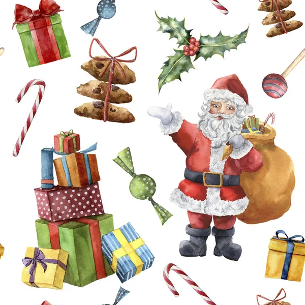 Akvarell karácsonyi minta a Mikulás. Kézzel festett karácsonyi karakter holly, cukorka, süti és ajándékokat elszigetelt fehér background szalaggal. Holiday print design, szövet — Stock Fotó