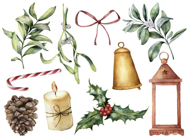 Akvarell karácsonyi dekoráció, növény és a bogyók. Kézzel festett, eukaliptusz, snowberry, bell, vörös orr, gyertya, fagyöngy, lámpa és holly elszigetelt fehér background. Holiday ClipArt design. — Stock Fotó